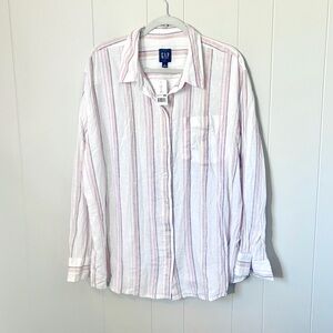NWT Gap Linen Button Down Blouse Striped Pink White Tan Beachy XL Extra Large